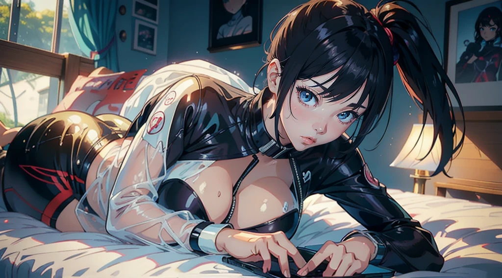 Put on a wetsuit and lie on the bed、Anime girl with laptop, seductive anime girl, detailed digital anime art, highly detailed art germ, Ilya Kuvshinov. 4k, beautiful attractive anime woman, Lois Van RossDraw, Alyona Aenami and Artgerm, Gwaites style artwork, beautiful digital artwork, Victor Wang