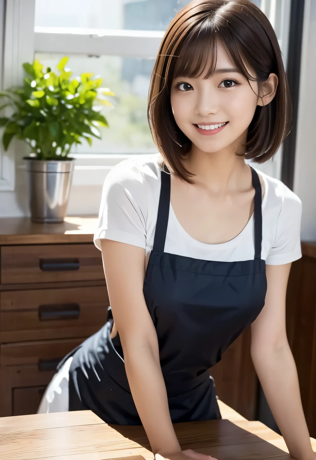 (masterpiece, best quality:1.1), (8k, raw photo, photo realistic:1.2, f22), (shiny skin), detailed skin, long hair,detailed face, detailed eyes, smile,BREAK, real world, intricate details, smil, BREAK, 1girl, (apron), BREAK, (kitchen:1.4), BREAK