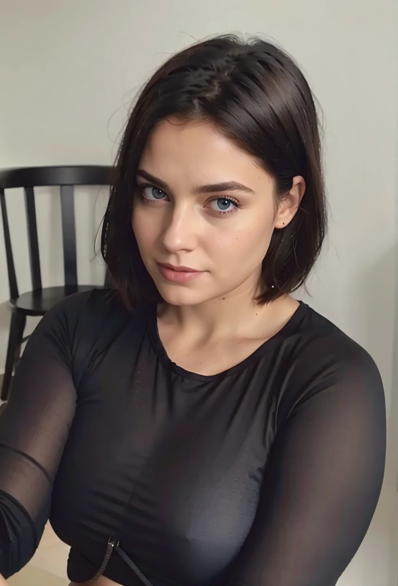 kintite black top:1.2, latina, Looking at Viewer, Cinematic lighting, Perfect, softlight, High resolution skin:1.2, Realistic skin texture, 25 years old woman、a small face、no-makeup、off shoulders,Bust B Cup、 Exposed cleavage, Blue eyes, Short hair, dark brown hair、leggins、Sportsbra、fullnude、Gray background