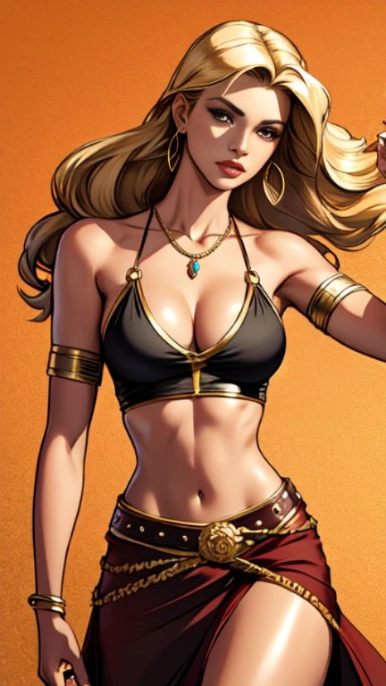 1woman 30year old, solo, long blonde hair, looking at viewer, navel, cleavage, bare shoulders, brown eyes, jewelry, medium breasts, earrings, midriff, belt, necklace, bracelet, lips, armlet, ((dynamic pose)), ((dynamic angle)),