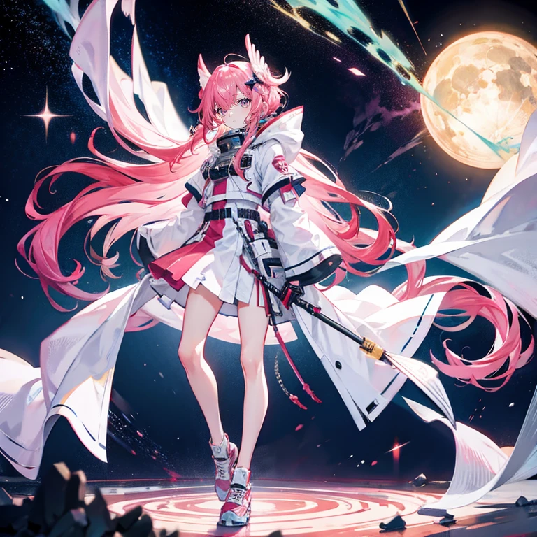 Coral pink hair，long hair，hair over one eye，gray eyes，feather hair ornament，cute，girl，，white shirt，skirt，Mechanical armor on shoulders，cloak，Wear shoes on your feet，Stand up exercise，whole body，Don't show your arms，The background is the port of the space station，Galactic universe