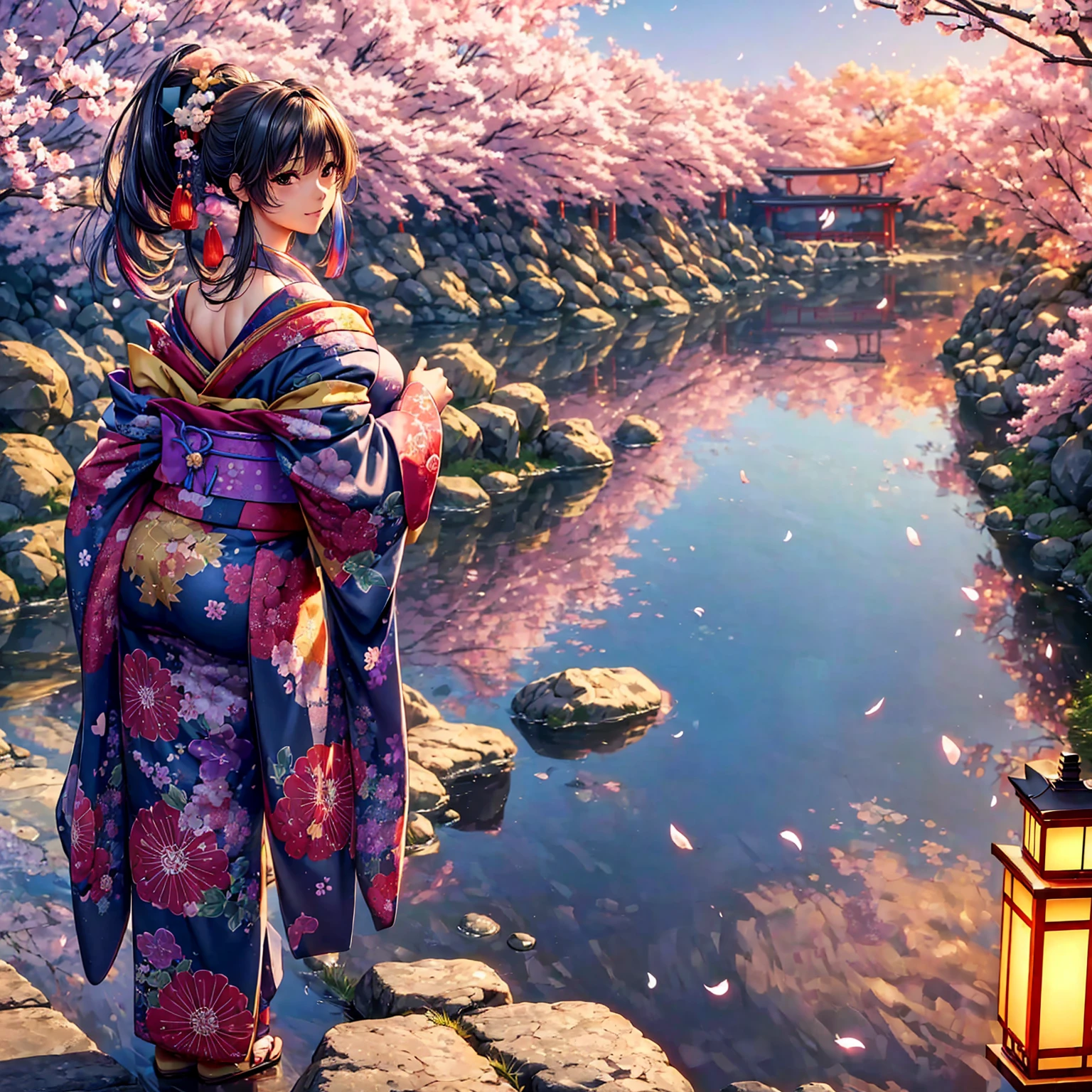 (((highest quality、masterpiece、very high resolution、High-definition images)))、Beauty Painting、realistic portrait、One strong-willed beautiful girl:18-year-old、beautiful body:Slender, beautiful breasts and beautiful legs、beautiful face:smile、eyes with strong will,beautiful hair:ponytail 、best skin and hair texture,realistic skin texture,realistic hair texture、(((japanese kimono:Colorful Japanese patterns:Shoulders and chest are exposed)))、Beautiful waterfront:lantern:Lantern:Wooden Japanese house、beautiful cherry blossoms、stone steps、beautiful sky、Natural light、beautiful scenery、model pose:Show off your swimsuit、beautiful pose:Show off your kimono、model shoot、Gravure photography、(((The wind is blowing))),accurate image:1.5、accurate anatomy:1.5、Image without defects、perfect image、Overall image、(Best Shot、Raw photo、photorealistic stick)