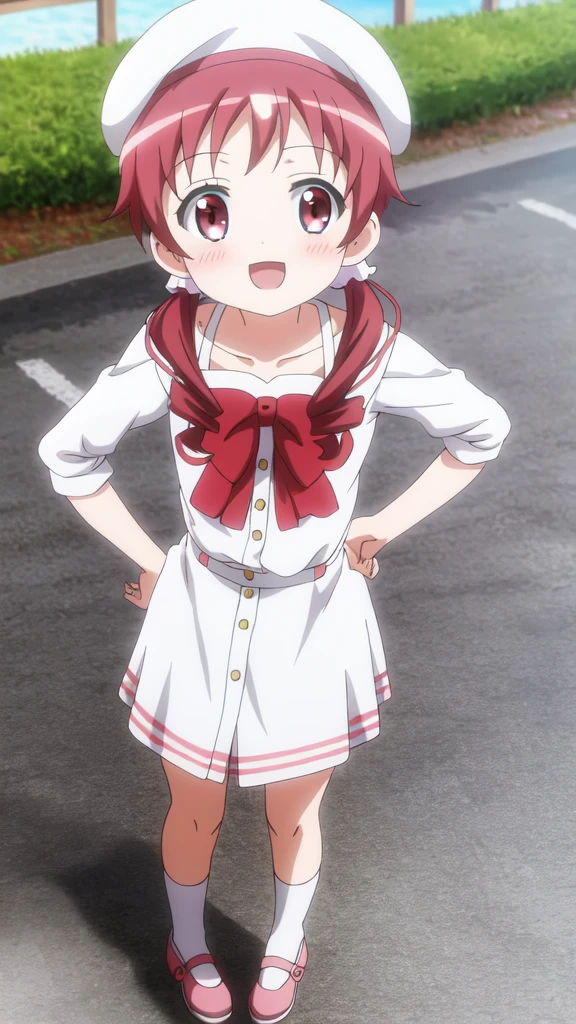 natsu megumi, 8K, masterpiece, disorganized, anime,(Cute summer clothes)white beret,Chibi,beautiful hair, beautiful face, fine and beautiful eyes, beautiful clavicle, beautiful body, beautiful feet, beautiful fingers, (beautiful scenery), Are standing, (smile, open your mouth),watching the audience,