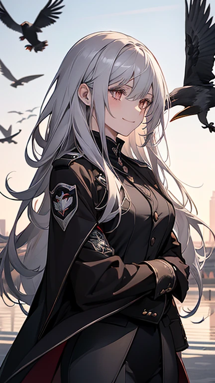 (confused, High resolution, Super detailed), 1 female, silver hair,long hair,crow,Crows flying behind,Carried on shoulder,reddish brown eyes,black pilot jacket,Black and white suit,20th generation,Beautiful woman,shy smile,thin,Are thin,quiet,Calm,Carrying a white crow,Accompanied by many white crows,
