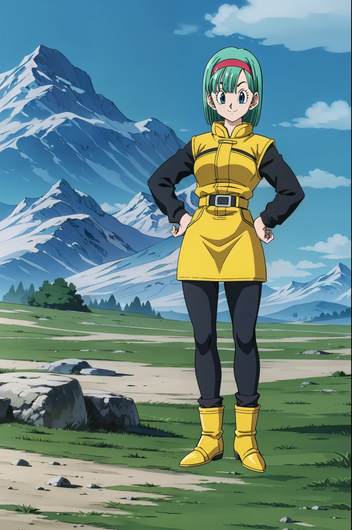 namek saga, bulma, 1girl, solo, breasts, looking at viewer, smile, short hair, blue eyes, yellow dress, standing, full body, pantyhose, outdoors, sky, belt, cloud, black pantyhose, aqua hair, green sky, namek background, hands on hips, mountain, red hairband, yellow boots, socks, blue grass, long sleeves