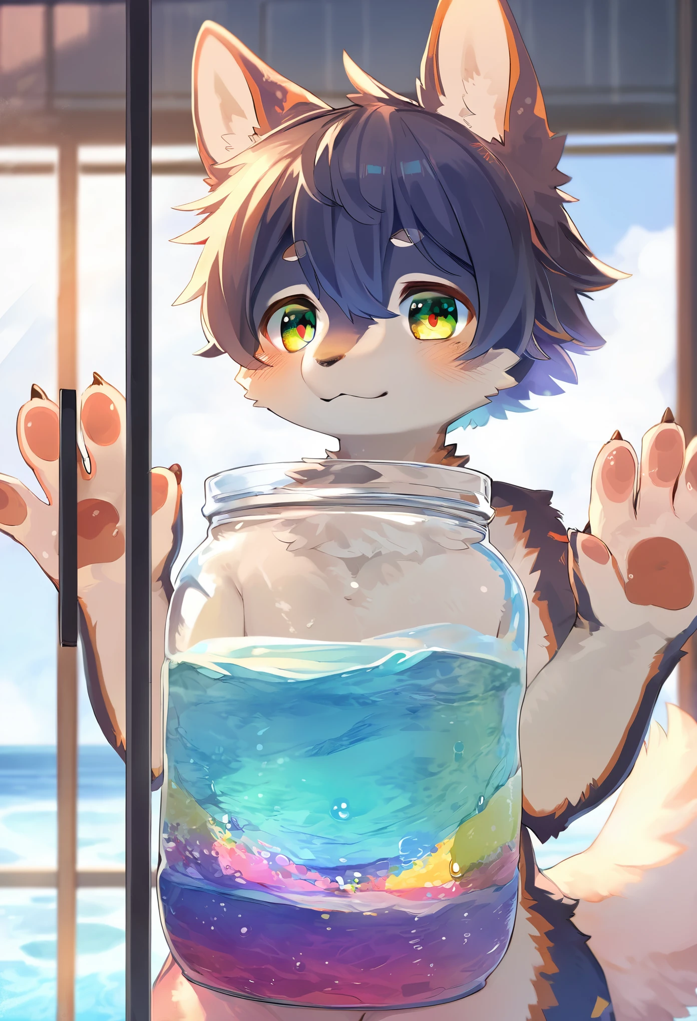 top quality, best quality, masterpiece, super high resolution, detailed background, good lighting, a big jar with colorful water(highly detailed beautiful face and eyes)absurdres, perfect anatomy(handsome 1boy, kemono, solo focus)(furry)(furry anthro:1.7)(Furry body, dog facial features, dog body features)(very detailed body fur)full body, full body, looking at view, hands on the glass,