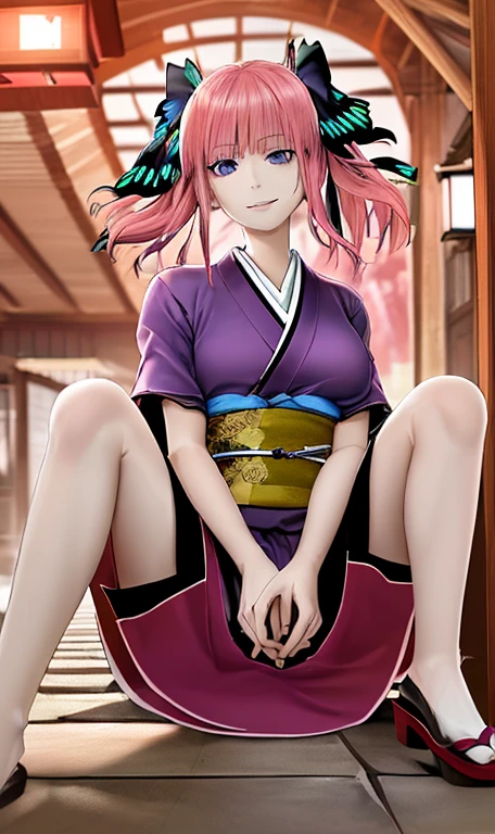 2D, masterpiece, highest quality, anime, very detailed, 1 girl, alone, cowboy shot, nakano nino, pink hair, butterfly hair ornament, kimono, purple kimono, medium breasts, smile, east asian architecture
