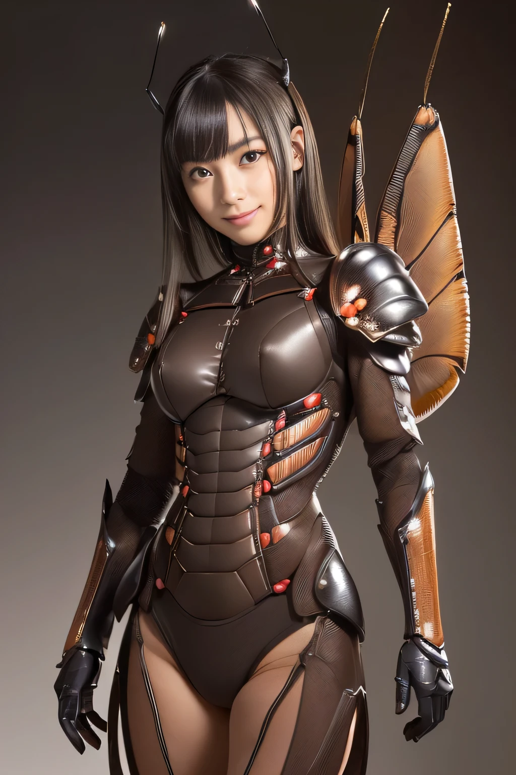 (high resolution,masterpiece,best quality,extremely detailed CG, anime, official art:1.4), realistic, photo, amazing fine details, all intricate, gloss and shiny,awesome many layers, 8k wall paper, 3d, sketch, kawaii, illustration,( solo:1.4), perfect female proportion,villainess, (fusion of dark brown cockroach and lady:1.4), (brown cockroach form lady:1.2), (brown cockroach lady:1.2), (fusion:1.2), (solo:1.4), (evil smile:1.2), muscular, abs, (cockroach brown exoskeleton bio insect suit:1.4), (cockroach brown exoskeleton bio insect armor:1.2), (brown transparency cockroach wing:1.4), (brown cockroach antennae:1.3),