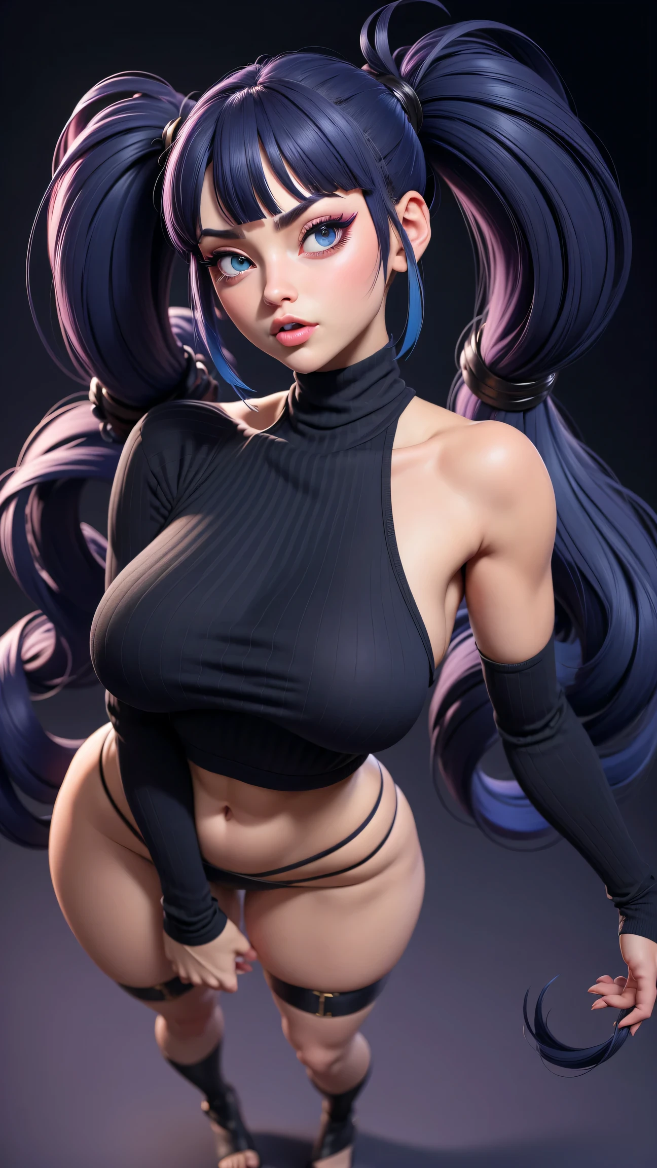 Juri Han de Street Fighter,  gros seins, grande largeur, Largeur gigantesque, ABS, seulement, cheveux longs, crop top noir, regardant le spectateur, fond bleu, cheveux noirs avec des rares meches violettes dans les cheveux noirs, fond simple, two side up, turtleneck, yeux bleus, minora, mouth closed, ruban, Hair tape, frange, turtleneck sweater, Haut du corps, separated bangs, ruban noir, ribbed sweater, Twintails, nez, full body view