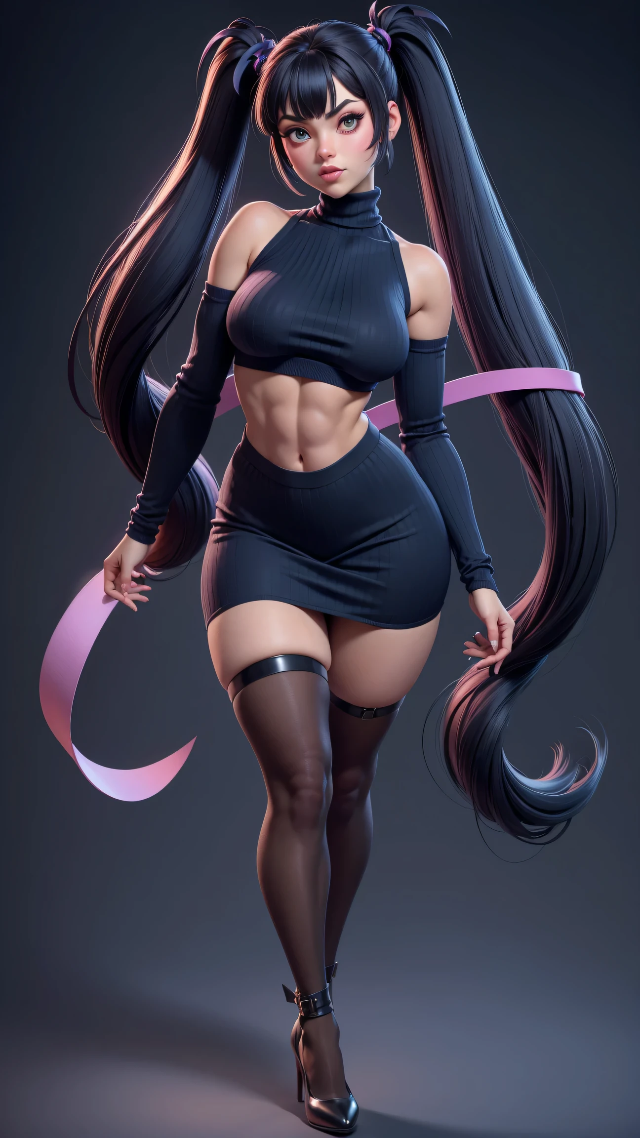 Juri Han de Street Fighter,  gros seins, grande largeur, Largeur gigantesque, ABS, seulement, cheveux longs, crop top noir, regardant le spectateur, fond bleu, cheveux noirs avec des rares meches violettes dans les cheveux noirs, fond simple, two side up, turtleneck, yeux bleus, minora, mouth closed, ruban, Hair tape, frange, turtleneck sweater, Haut du corps, separated bangs, ruban noir, ribbed sweater, Twintails, nez, full body view