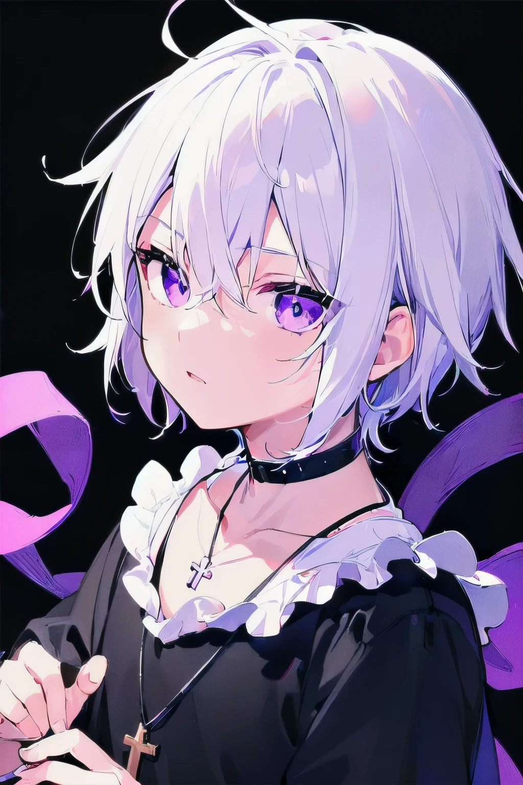 [(BLACK BACKGROUND:1.5)], ((((masterpiece)))), high quality, very_high_resolution, large_filesize, full color, solo, (((**********))), ((beautiful white hair)), (purple color eyes), civilian clothes white, Necklace of crosses, (White effect:1), anime,