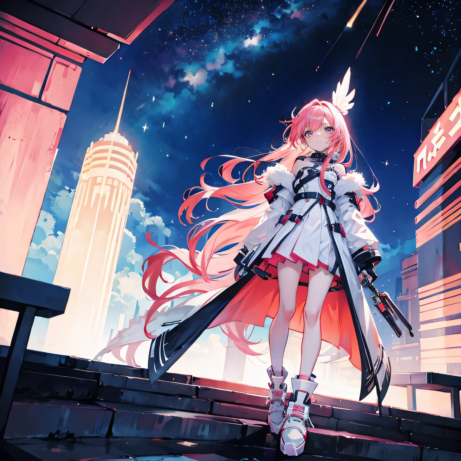 Coral pink hair,long hair,hair over one eye,gray eyes,feather hair ornament,cute,girl,,white shirt,skirt,Mechanical armor on shoulders,cloak,Wear shoes on your feet,Stand up exercise,whole body,Don't show your arms,The background is the port of the space station,Galactic universe