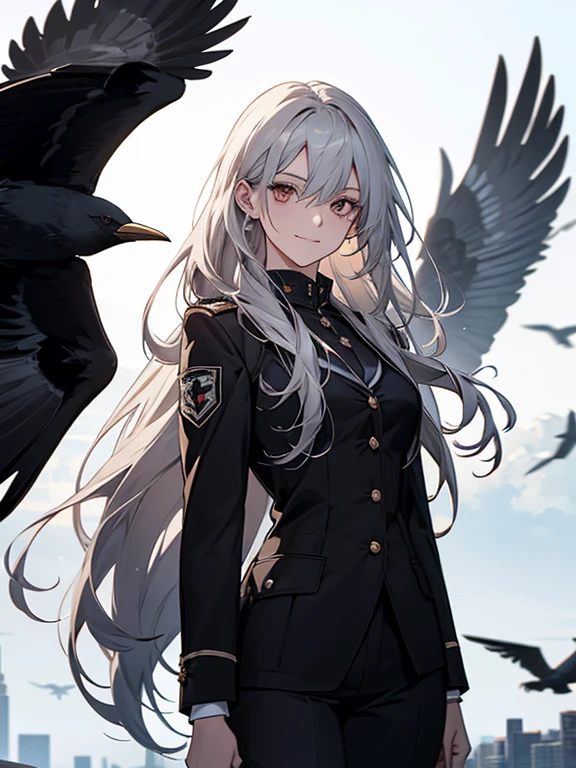 (confused, High resolution, Super detailed), 1 female, silver hair,long hair,crow,Crows flying behind,Carried on shoulder,reddish brown eyes,black pilot jacket,Black and white suit,20th generation,Beautiful woman,shy smile,thin,Are thin,quiet,Calm,Carrying a white crow,Accompanied by many white crows,
