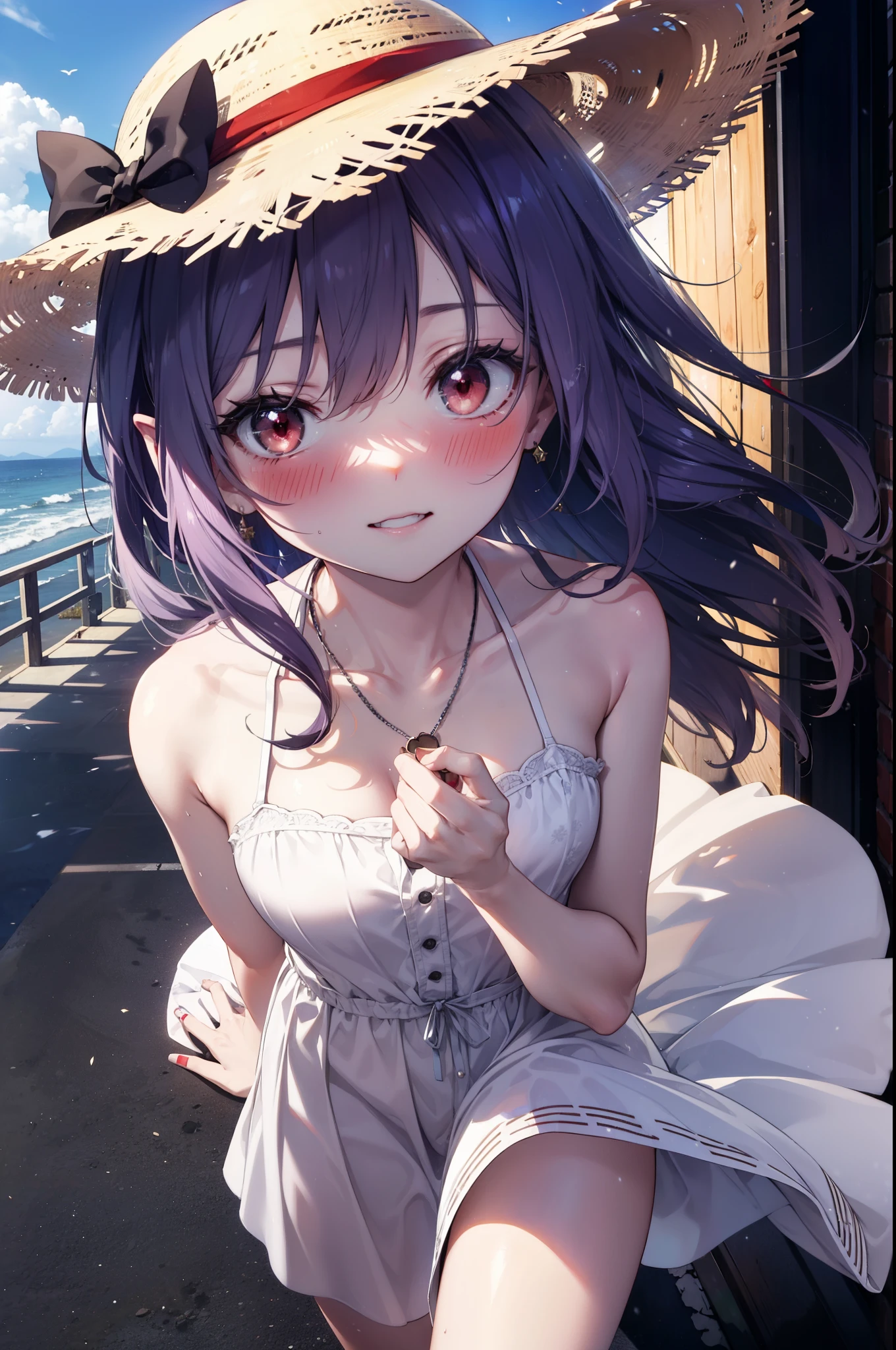 yuukikonno, Konno Yuuki, hair band, long hair, pointed ears, purple hair, (red eyes:1.5), (small breasts:1.2), smile,blush,open your mouth wide,straw hat,White long skirt integrated dress,bare shoulders,bare clavicle,Bare neck,bare arms,Cute Sandals,bend forward a little,noon,Clear skies,locket necklace,
break looking at viewer, Upper body, full body,(cowboy shot:1. 3)
break outdoors, building street,Coastal Pass,
break (masterpiece:1.2), highest quality, High resolution, unity 8k wallpaper, (figure:0.8), (detailed and beautiful eyes:1.6), highly detailed face, perfect lighting, Very detailed CG, (perfect hands, perfect anatomy),