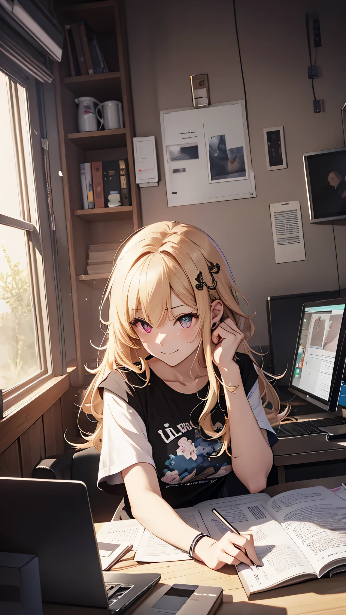最high quality、best image quality、masterpiece、girl((18-year-old、 By becoming、vest bust、medium bust,wide open breast tea、red glowing eyes, blonde、messy hair、long hair、thin,highest valley、Black open-neck short-sleeved shirt、open chest、White wristband、smile、Leaning forward、hair ornaments、have a laptop、Angle from the side、Lointail)),high quality、beautiful art、background((White computer room、Coffee cup、line of light))、Flight、debris flies、Depth of written boundary、movie、visual art、perfect art、8K,genuine、