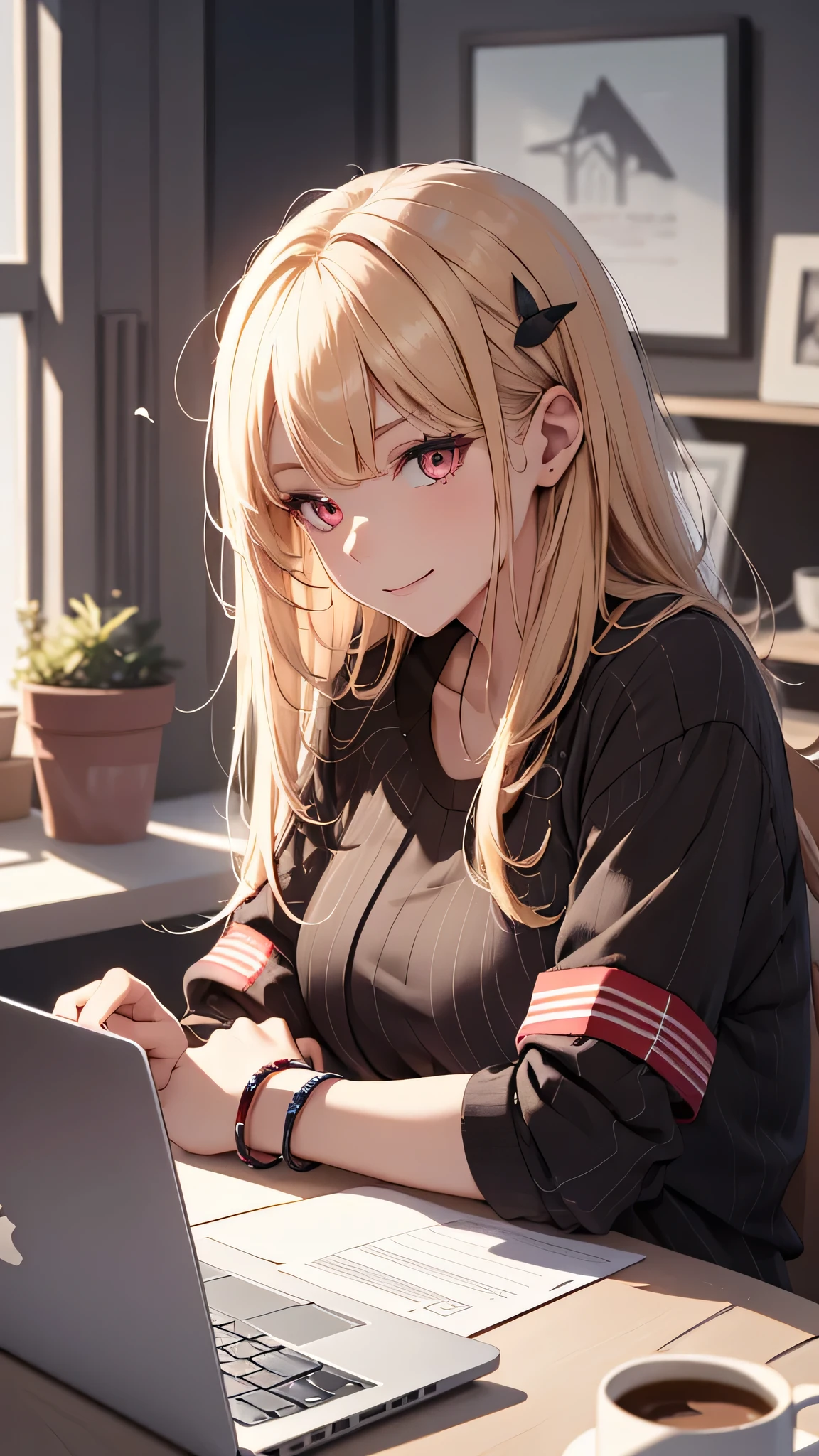 最high quality、best image quality、masterpiece、girl((18-year-old、 By becoming、vest bust、medium bust,wide open breast tea、red glowing eyes, blonde、messy hair、long hair、thin,highest valley、Black open-neck short-sleeved shirt、open chest、White wristband、smile、Leaning forward、hair ornaments、have a laptop、Angle from the side、Lointail)),high quality、beautiful art、background((White computer room、Coffee cup、line of light))、Flight、debris flies、Depth of written boundary、movie、visual art、perfect art、8K,genuine、