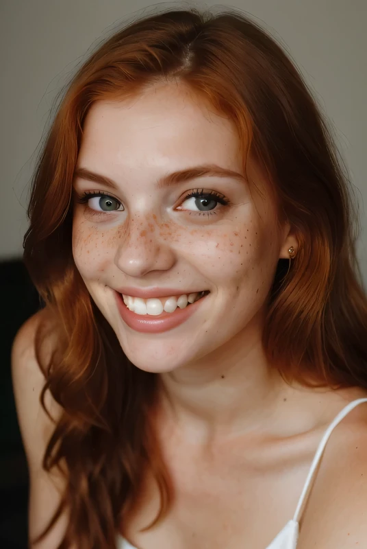 beautiful average looking woman, smiling, white teeth, dress, (looking at the camera:1.4), (highest quality), (best shadow), intricate details, interior, ginger hair:1.3, dark studio, muted colors, freckles