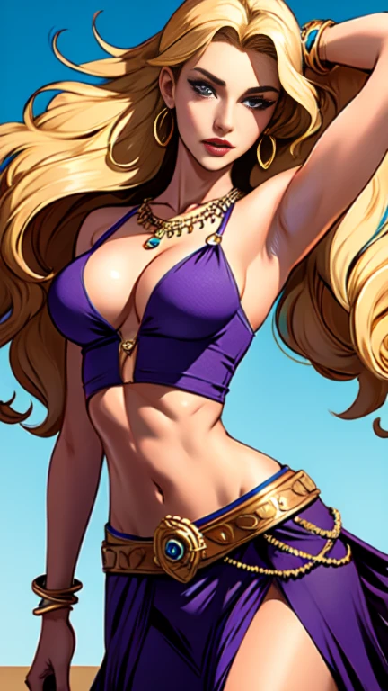 1woman 30year old, solo, long blonde hair, looking at viewer, navel, cleavage, bare shoulders, detailed eyes, jewelry, medium breasts, earrings, midriff, belt, necklace, bracelet, lips, armlet, ((dynamic pose)), ((dynamic angle)),