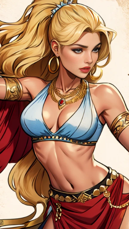 1woman 30year old, solo, long blonde hair, looking at viewer, navel, cleavage, bare shoulders, detailed eyes, jewelry, medium breasts, earrings, midriff, belt, necklace, bracelet, lips, armlet, ((dynamic pose)), ((dynamic angle)),