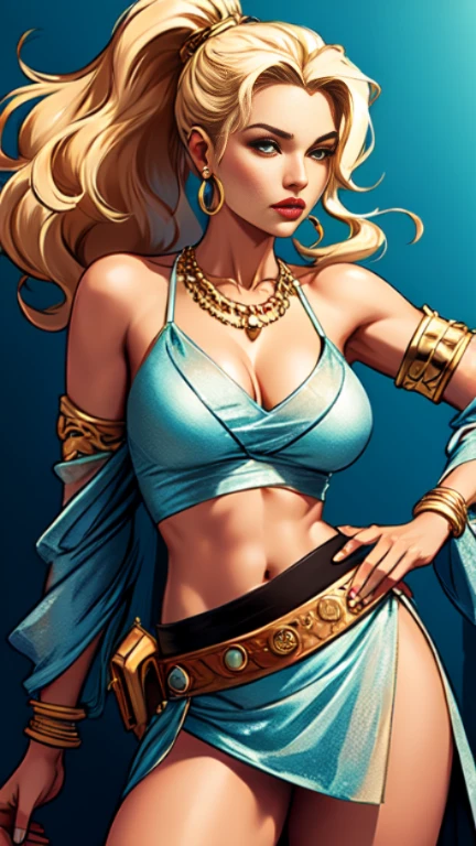 1woman 30year old, solo, long blonde hair, looking at viewer, navel, cleavage, bare shoulders, detailed eyes, jewelry, medium breasts, earrings, midriff, belt, necklace, bracelet, lips, armlet, ((dynamic pose)), ((dynamic angle)),