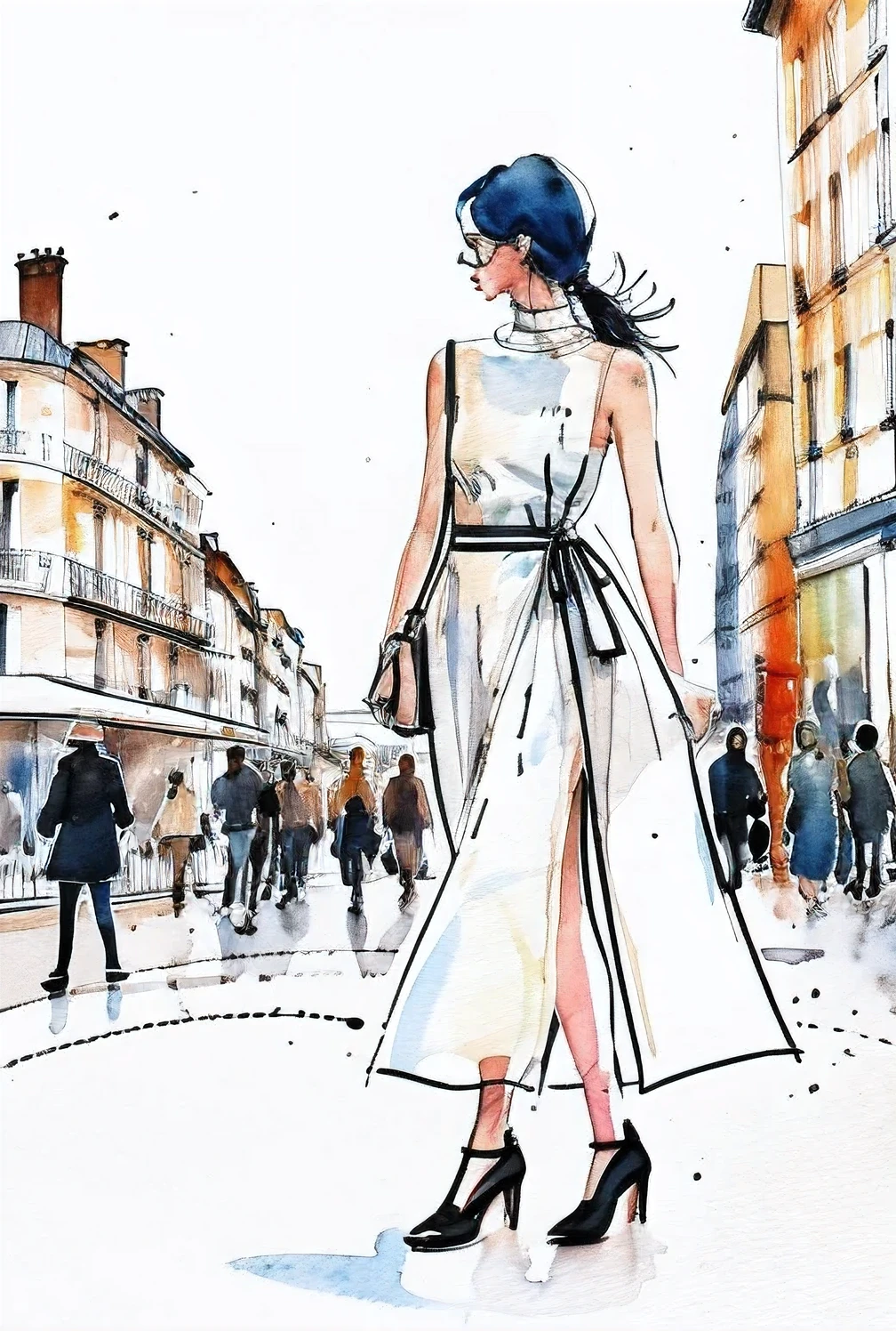 Fashion illustrations by Miyuki Morimoto, Line drawing sketch,Stylish cut, artistic,Scribble style,Clear, bold, thick outlines, fashion design sketch, female,Slim tail,Rough coloring, watercolor painting,woman walking on the streets of paris、