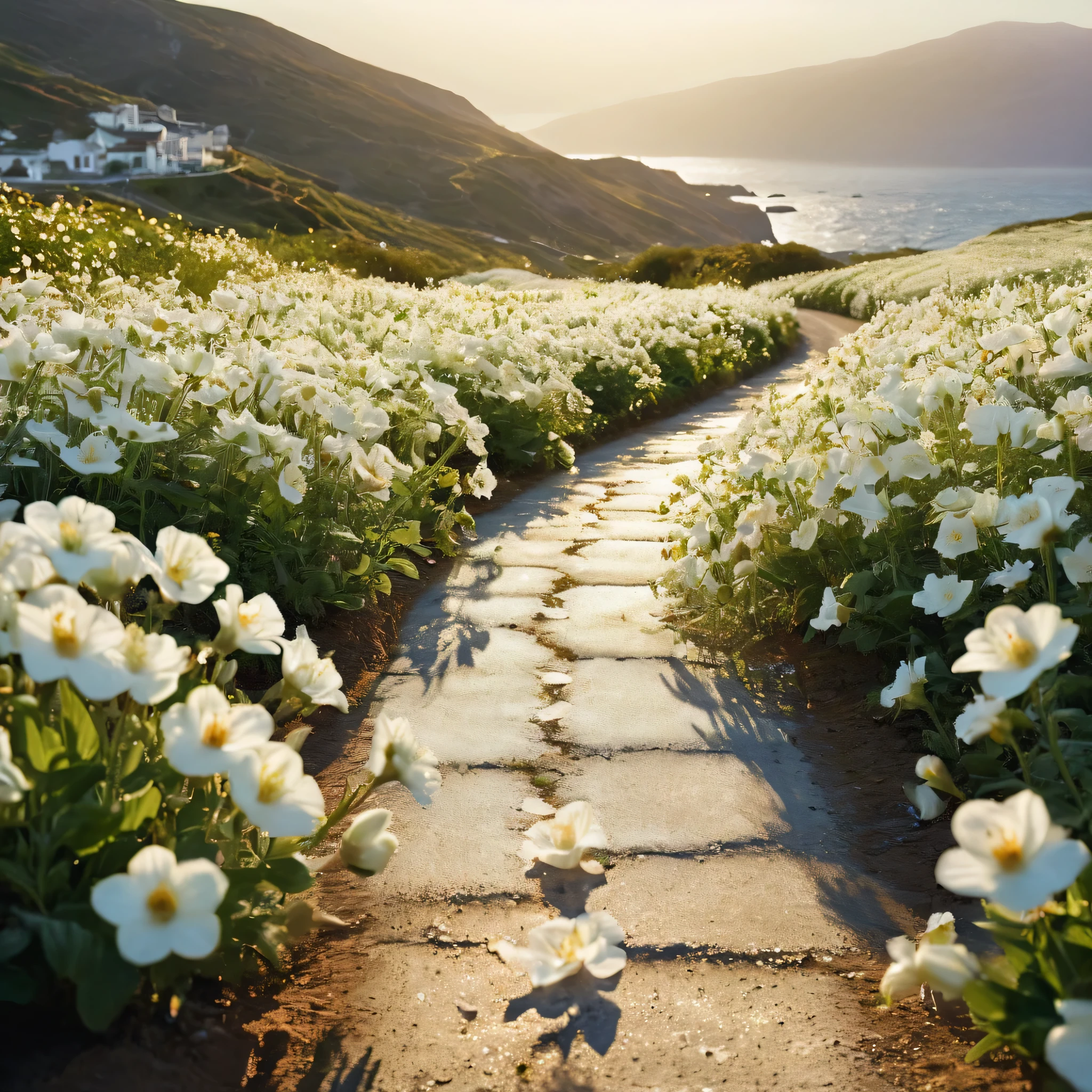 A piece of white flowers sea，sunny，The light from the rear window is backlit，Octane number, Heaven, landscape, 1 girl "Kate Beckinsale", There is a path in the middle of the sea of flowers，there is space between，There is a path in the center of the screen，The road leads to the distance，Almost real yet very virtual，white flower，There&#39;There is a road in the middle that leads to the distance，sunset，变得and the sun shone brightly，Rich in details，lifelike，realism，4K resolution，rich texture，Smooth painting style