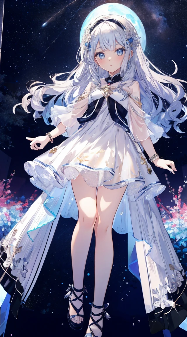 (simple hands:0.5)+(fine hands:0.7), (masterpiece), (highest quality), gray hair,1 girl, pale skin, gray hair, eyelash, bracelet, jewelry, smile, glowing skin, shiny hair, A detailed and spectacular stage, fantasy, long hair, Kindergarten children,night sky, 緻密なCGイラストのmasterpiece, I&#39;m watching you, anime, beautiful anime eye, beautiful detailed eye, eye, glittering eye, red eye, Milky Way, nebula, (full body), Kindergarten children,shy,transparent clothes