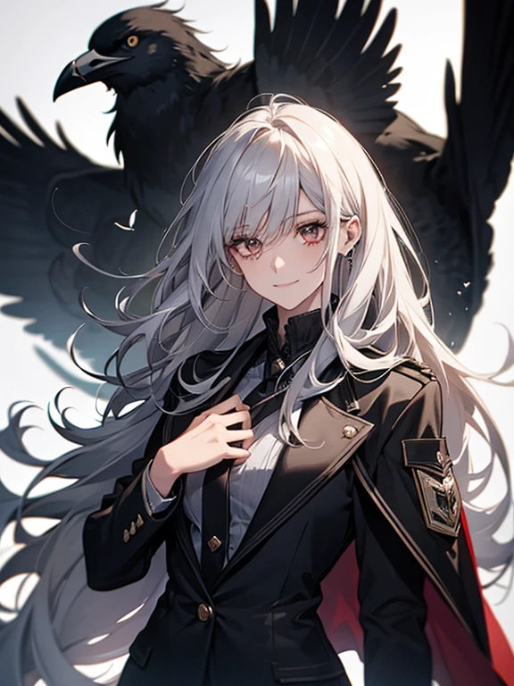 (confused, High resolution, Super detailed), 1 female, silver hair,long hair,crow,Crows flying behind,Carried on shoulder,reddish brown eyes,black pilot jacket,Black and white suit,20th generation,Beautiful woman,shy smile,thin,Are thin,quiet,Calm,Carrying a white crow,Accompanied by many white crows,