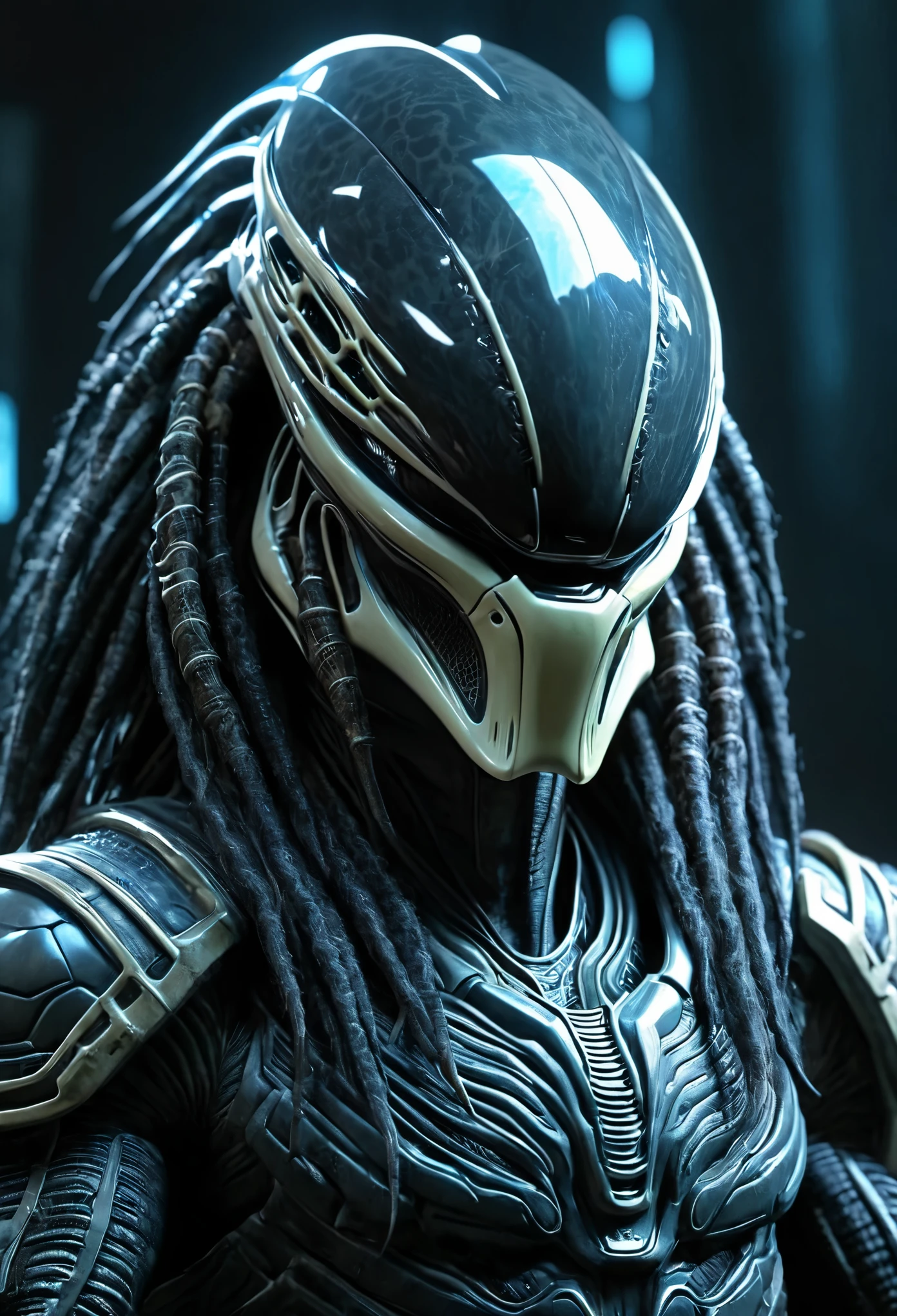 alien predator, Style Tron Legacy, (Artstation:1.1), (intricate:1.1), (great eye detail:0.7), solo, male, looking at viewer, photorealistic, 8k, unreal engine, inspired by HR Giger, half body portrait, highly detailed,