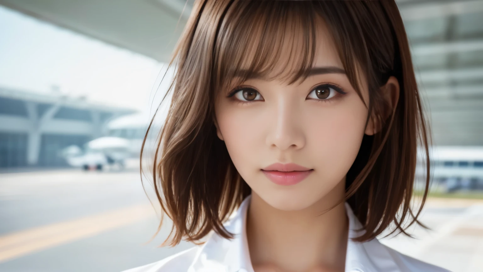 product quality, upper body shot, Front view, Airport cafe, girl, young beautiful japanese woman, short bob hair, hyper pretty face, glamorous, I wear a satin silk white shirt with short sleeves and long sleeves with a collar, Airport cafeで笑顔いっぱい, glossy lips, double eyelids of both eyes, natural makeup, long eyelashes, Shiny and smooth light brown hair, asymmetrical bangs, tanned skin, center image, High resolution, high detail, detailed hairstyle, detailed face, movie lighting, surreal, perfect body,