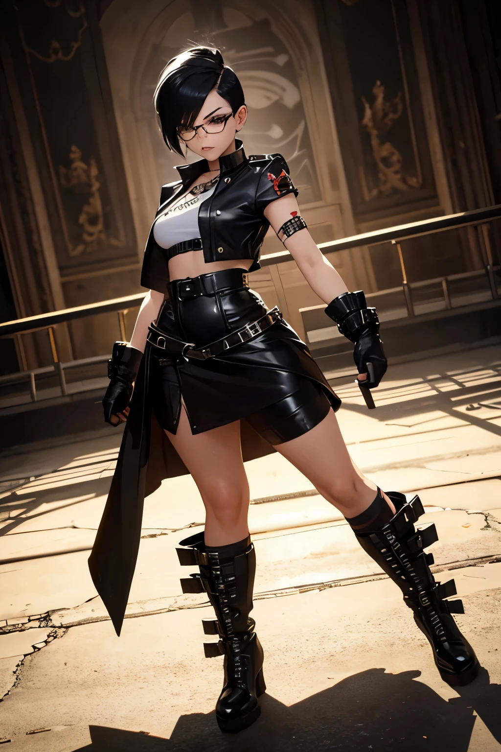 Wide angle shot, full body image, beautiful female fighter, wearing large glasses, black undercut hair, wearing large iron gloves, Wear punk style clothes