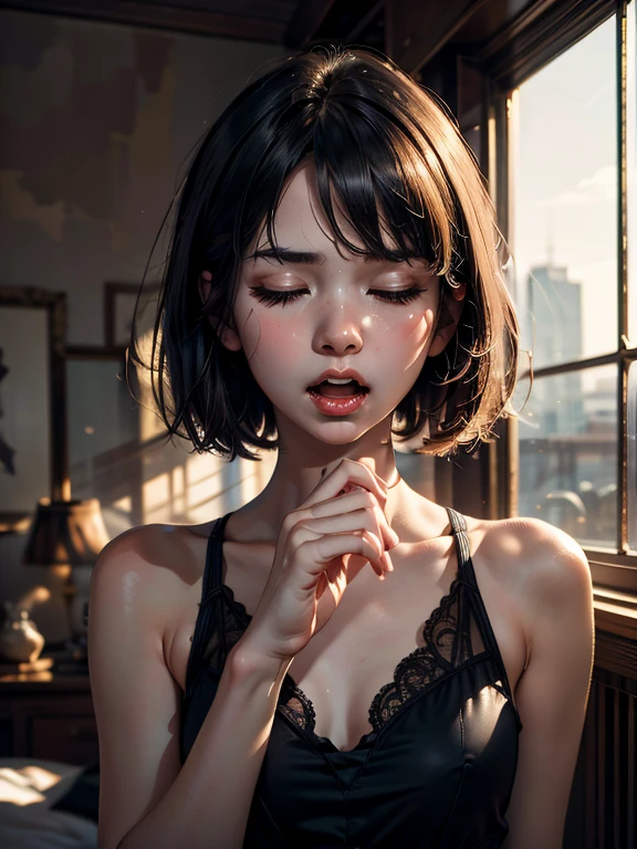 8K、Raw photo、(masuter piece)1.5、(top-quality)1.5、Hi-Res、Looking Up,(femele)、(realisitic、Photorealsitic:1.5), (Close eyes):1.0, (Open mouth):1.5 Real numbers、Upper body、Black medium bob,Sleeveless、skinny、Eyes closed、Deep sadness、Sorrow、look up sky、screeming、Bedrooms、Background blur、