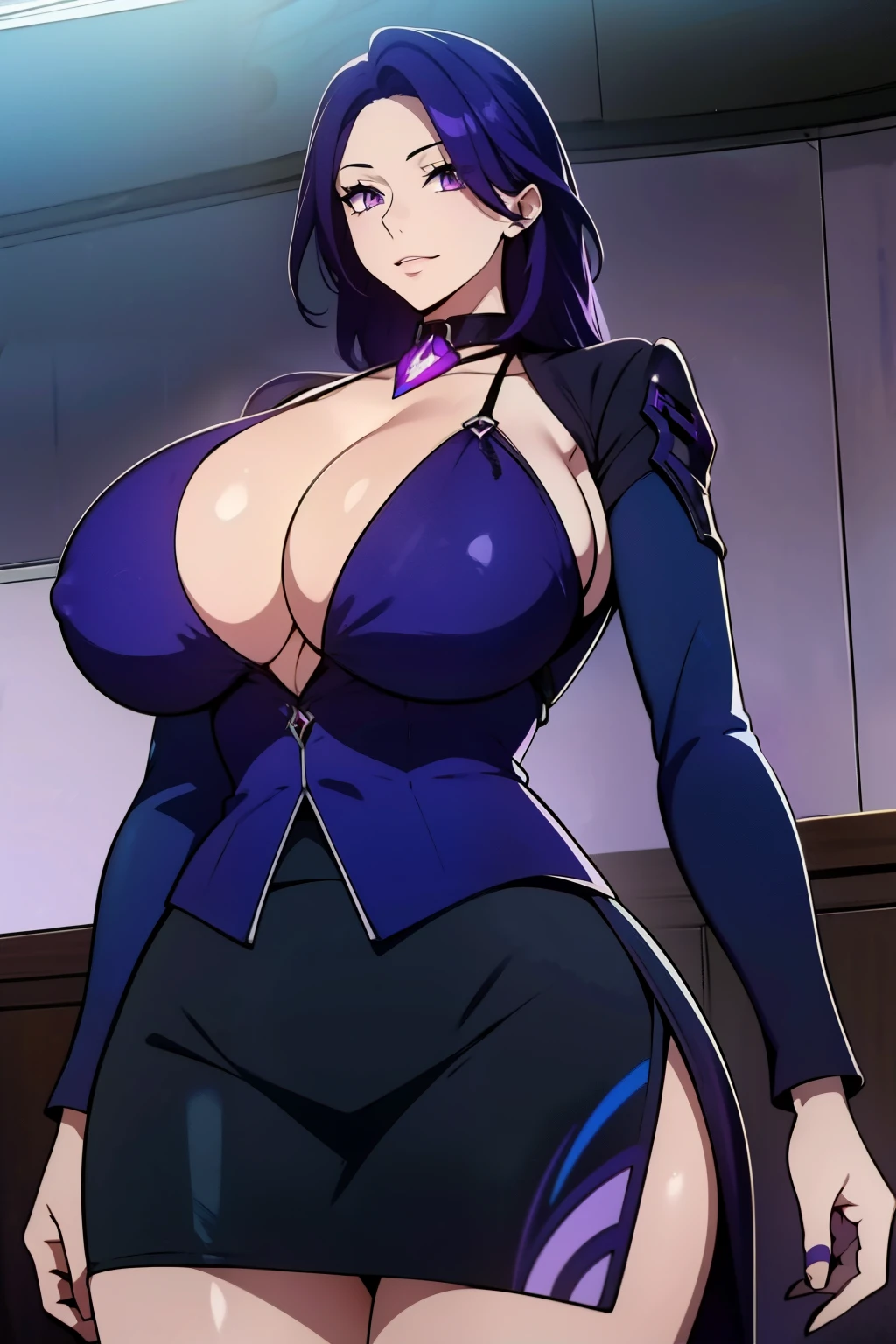 An anime-style artwork depicting acheron from the game Honkai star rail.

Tags: acheronhsr, anime, detailed eyes, detailed lips, (black skirt suit:1.1), cleavage, pencil skirt, miniskirt,curvy, thighs, higheels, shiny clothes, skin tight, cleavage, smiling expression, intense gaze, glowing emblem on hand, dynamic pose, mystical background, vibrant colors, digital art, high-resolution, professional quality, gigantic breasts, (underboob : 1.4), curvy, cowboy shot, (gigantic breasts: 1.4), (purple eyes: 1.4), (blue hair: 1.6), short hair