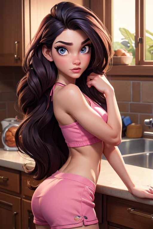 Masterpiece, raw, beautiful art, professional artist, 8k, very detailed face, very detailed hair, 1girl, Vanessa Doofenshmirtz, wearing tight pajama shorts and tight pajama halter top, leaning her sexy ass against kitchen counter, perfectly drawn body, beautiful face, long hair, very detailed eyes, biting her lip suggestively, rosey cheeks, intricate details in eyes, looking straight at viewer , in love with viewer expression, puckered lips