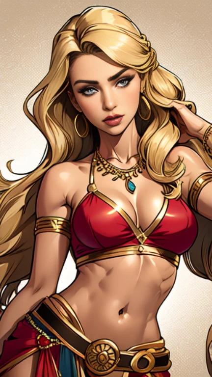 1woman 30year old, solo, long blonde hair, looking at viewer, navel, cleavage, bare shoulders, jewelry, medium breasts, earrings, midriff, belt, necklace, bracelet, lips, armlet, ((dynamic pose)), ((dynamic angle)),