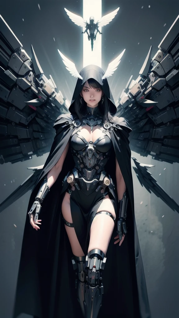 hll,Evil cyborg woman with (mechanical wings:1.4) Tedious (black robes:1.2) (Cloak:1.2),Mechanical legs,