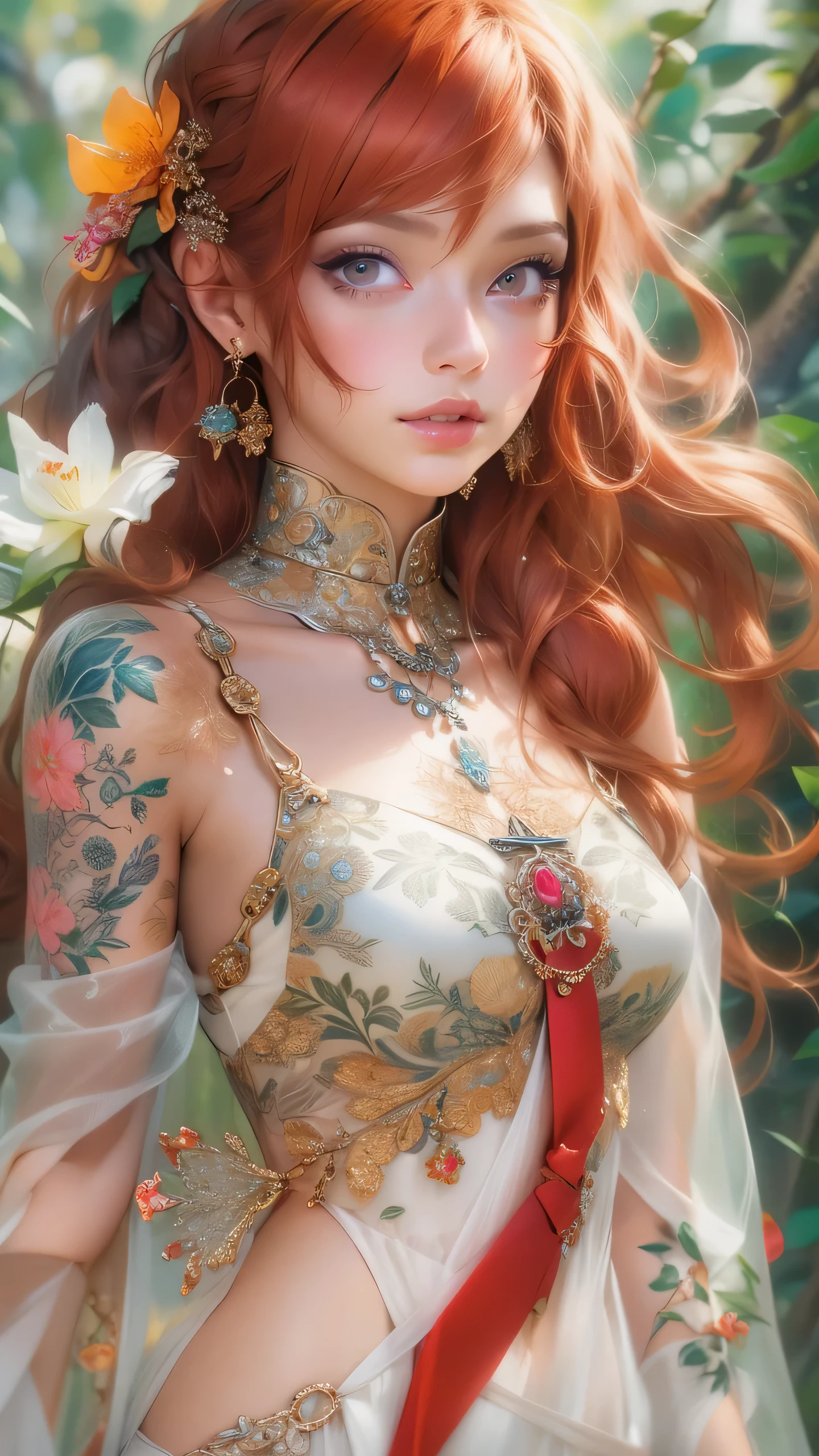 8 k, Best quality, (Photorealistic:1.4), Raw-Photo, 1 girl, Red hair, Yellow eyes, -Open legs, pubic hair view, 1 sexy girl in transparent forest clothes, Flowers, leaves, Mandala, fractal, Full female body, Mandala and flower tattoos, seductive pose, well detailed art, beautiful breasts, bare chest, open trans..close-up of a woman in a white dress with a flower on her head, anime character; full body art, Rossris sakimimichan, Rossris 1. 0, anime goddess, fantasy outfit, :: Rossris, Rossris digital painting, Rossris 2. 5, Rossris 2. 0, wlop Rossris, Rossris cartoon vibrant