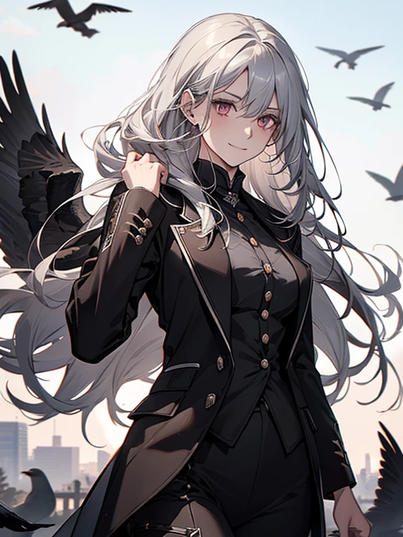 (confused, High resolution, Super detailed), 1 female, silver hair,long hair,crow,Crows flying behind,Carried on shoulder,reddish brown eyes,black pilot jacket,Black and white suit,20th generation,Beautiful woman,shy smile,thin,Are thin,quiet,Calm,Carrying a white crow,Accompanied by many white crows,