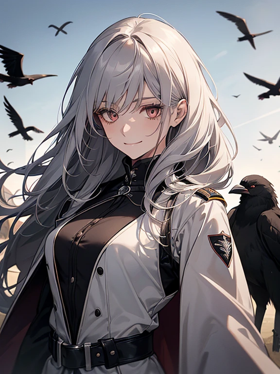 (confused, High resolution, Super detailed), 1 female, silver hair,long hair,crow,Crows flying behind,Carried on shoulder,reddish brown eyes,black pilot jacket,Black and white suit,20th generation,Beautiful woman,shy smile,thin,Are thin,quiet,Calm,Carrying a white crow,Accompanied by many white crows,