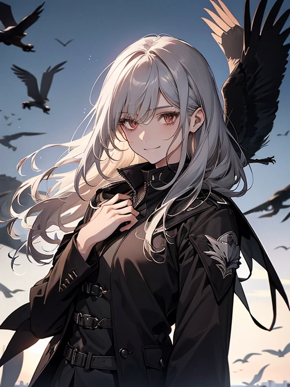 (confused, High resolution, Super detailed), 1 female, silver hair,long hair,crow,Crows flying behind,Carried on shoulder,reddish brown eyes,black pilot jacket,Black and white suit,20th generation,Beautiful woman,shy smile,thin,Are thin,quiet,Calm,Carrying a white crow,Accompanied by many white crows,