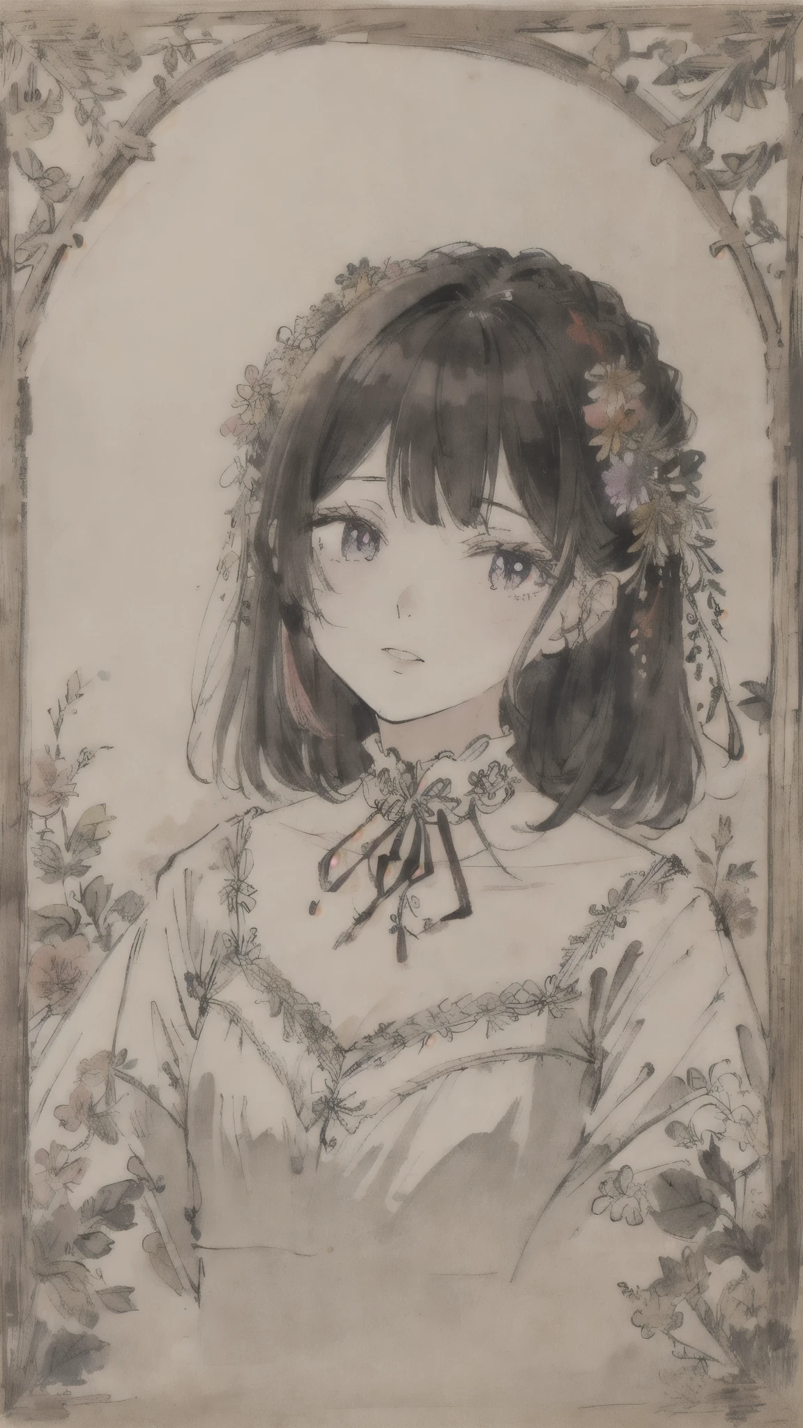 Antique paintings、girl、mirror、gothic、colorful flowers、Hair hiding eyes