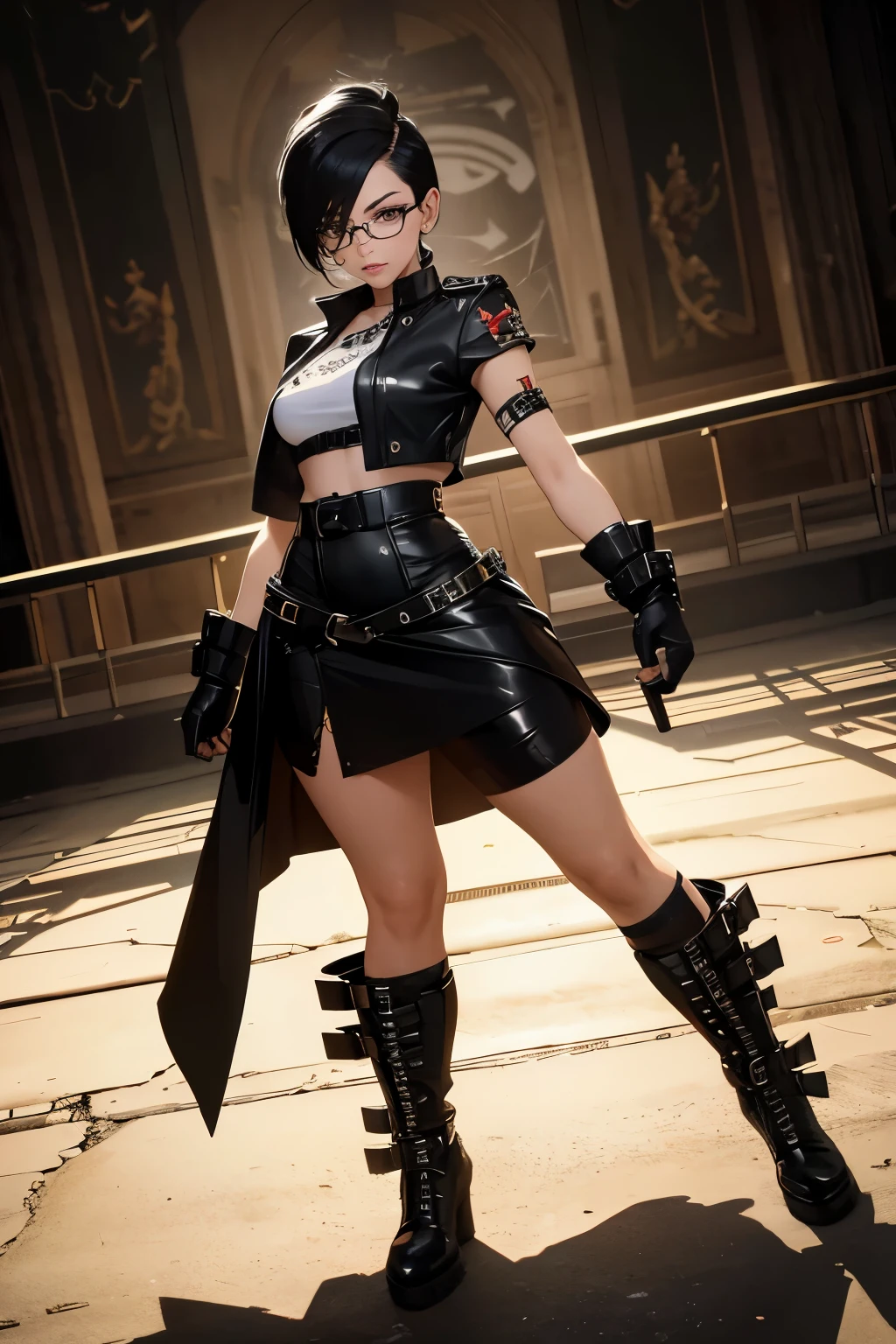 Wide angle shot, full body image, beautiful female fighter, wearing large glasses, black undercut hair, wearing large iron gloves, Wear punk style clothes