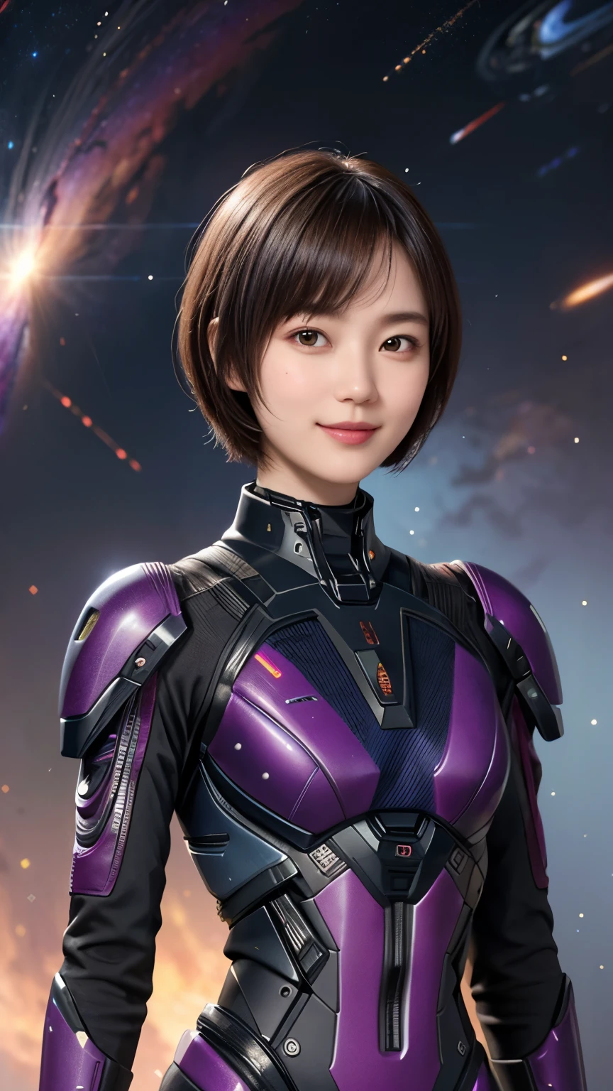 208 Short Hair, 20 year old female, Floral, gentle smile, Futuristic clothing, mechanical suit, (The background is a galaxy and nebula)