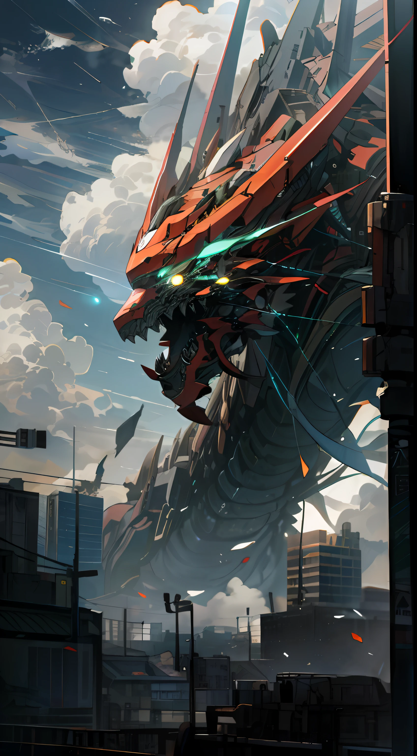 Sky, nuvens, containment_arma, Dragon, giant robot, , ruins, brilhante_olhos, Science fiction, cidade, Realidade, mecha