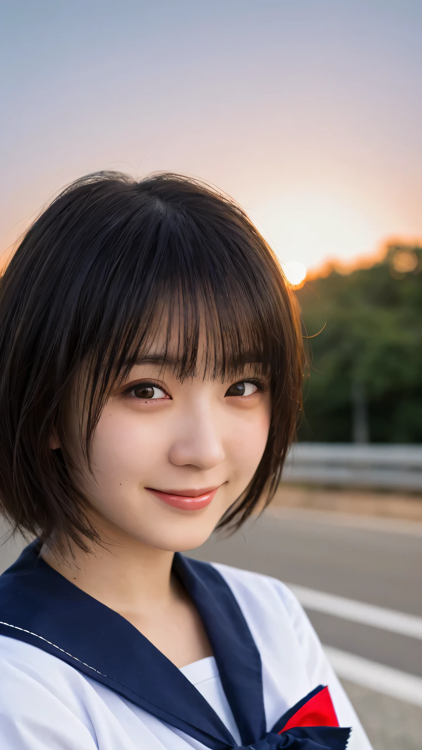 (highest quality,masterpiece:1.3,ultra high resolution),(Super detailed,caustics,8k),(photorealistic:1.4,RAW shooting),18-year-old,cute,Japanese,black short hair,(sailor suit),(smile),stare at the camera,sunset sky,road,(face focus:1.1),(face close up:1.1),(bust up shot),Natural light