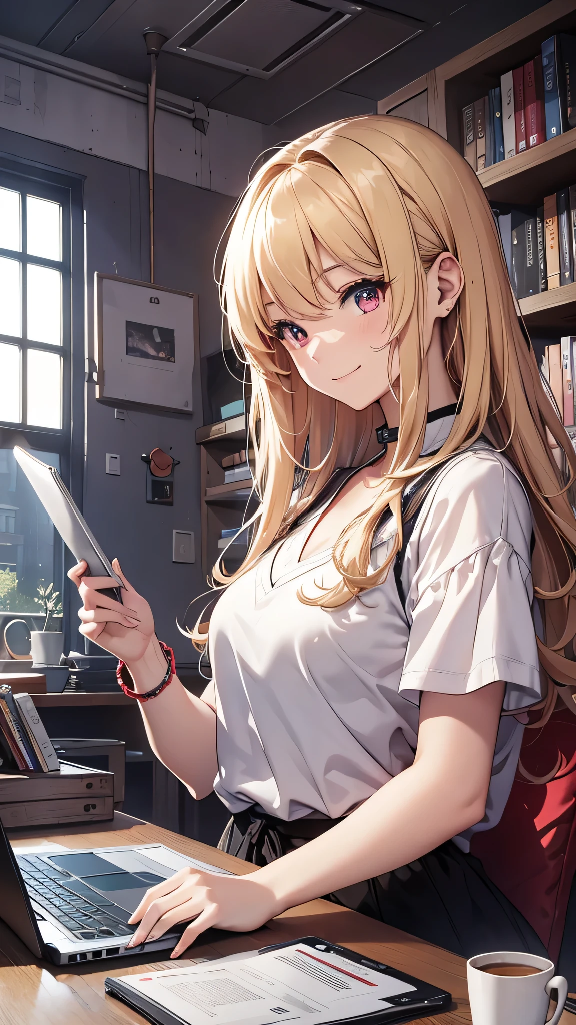 最high quality、best image quality、masterpiece、girl((18-year-old、 By becoming、vest bust、medium bust,wide open breast tea、red glowing eyes, blonde、messy hair、long hair、thin,highest valley、Black open-neck short-sleeved shirt、open chest、White wristband、smile、Leaning forward、hair ornaments、have a laptop、Angle from the side、Lointail)),high quality、beautiful art、background((White computer room、Coffee cup、line of light))、Flight、debris flies、Depth of written boundary、movie、visual art、perfect art、8K,genuine、