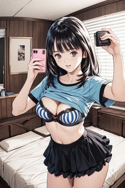 (8K、top-quality、masterpiece:1.2)、(realisitic、ultra-detailliert、超A high resolution、1 girl,ars,beautifull detailed face,perfect body,((layered hair,long black hair)),((daytime)),Constriction、(Slim waist :1.3)、Beautiful detailed skin、Skin Texture、Floating hair、((daylight)),(glasses,large breasts,leaning forward,
striped dark blue lace shirt ,frilled skirt,
pov,(selfie:1.2),phone_screen,head_out_of_frame, (fisheye distorted lens:1.2),on bed,bedroom,
,(shirt lift:1.2) ,large breast,focus breasts,show bra ,lace bra,navel,(breast squeeze:1.3)