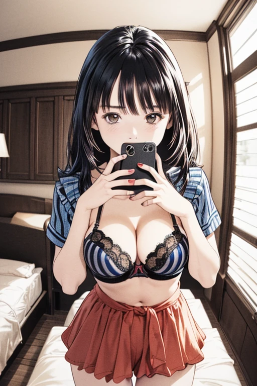 (8K、top-quality、masterpiece:1.2)、(realisitic、ultra-detailliert、超A high resolution、1 girl,ars,beautifull detailed face,perfect body,((layered hair,long black hair)),((daytime)),Constriction、(Slim waist :1.3)、Beautiful detailed skin、Skin Texture、Floating hair、((daylight)),(glasses,large breasts,leaning forward,
striped dark blue lace shirt ,frilled skirt,
pov,(selfie:1.2),phone_screen,head_out_of_frame, (fisheye distorted lens:1.2),on bed,bedroom,
,(shirt lift:1.2) ,large breast,focus breasts,show bra ,lace bra,navel,(breast squeeze:1.3)