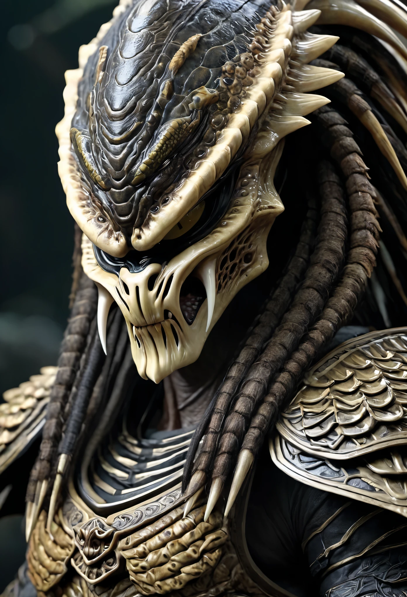 alien predator wearing japanese samurai clothing, (Artstation:1.1), (intricate:1.1), (great eye detail:0.7), solo, male, sharp teeth, upper body, looking at viewer, photorealistic, 8k, unreal engine, inspired by HR Giger, half body portrait, highly detailed,