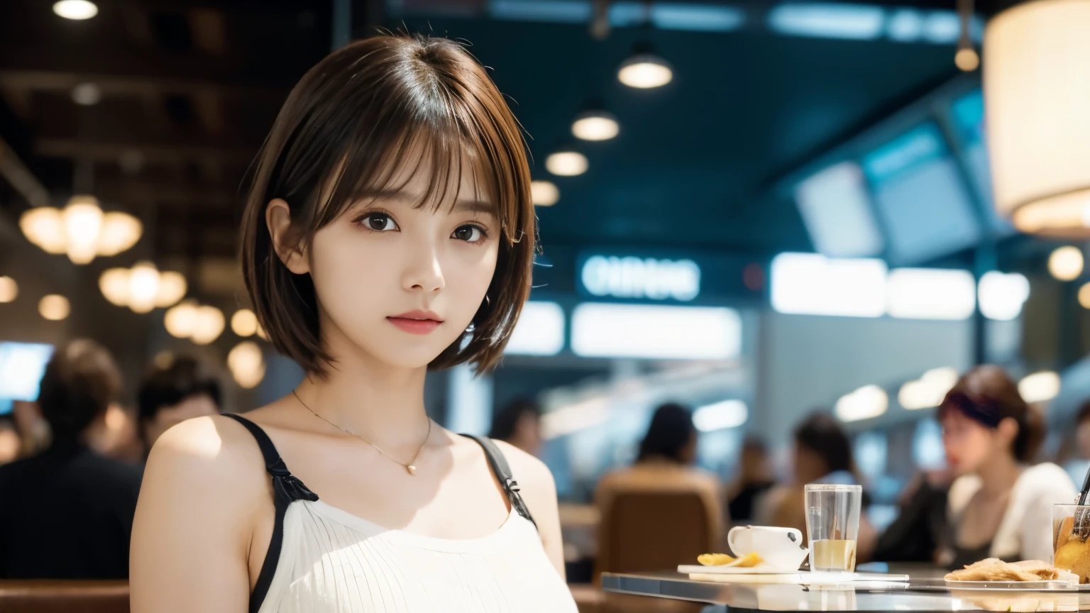 (masterpiece, Super detailed, very detailed, exquisite, 16k, confused), woman, 19 years old, glamorous, (Refreshing breeze:1.4), looking at the viewer, short hair, messy hair, diagonal bangs, brown hair, brown eyes, Upper body, cinematic lighting, Blurry background in focus, Airport Cafe, Airport Cafeでフライトを待つ, Before leaving for overseas travel